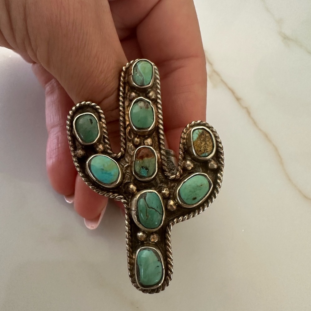Turquoise Sterling Silver Cactus Statement Ring- Adjustable - Picture 12 of 12